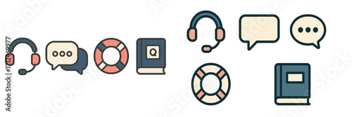 Essential customer support and help desk symbols featuring headset, chat bubbles, lifebuoy, and question book