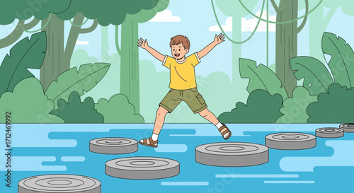 Boy Embracing Adventure While Joyfully Pacing Across Water Obstacle In Lush Jungle