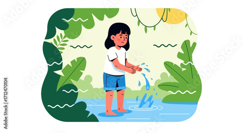 Child Playing In Water Splash Under Lush Foliage Enjoying Summer Days