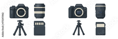 Professional photography equipment set featuring digital camera, interchangeable lens, compact tripod, and memory card