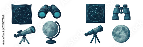 Geometric collection of astronomy observation tools, celestial maps, and planetary objects for space exploration and stargazing