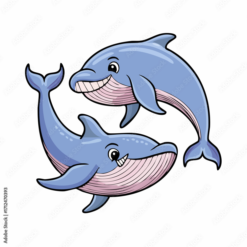 Obraz premium Two cartoon dolphins swimming in a circular motion, smiling with visible teeth on a white background.