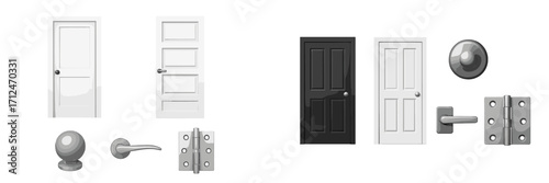 White and black interior doors, doorknobs, door handles, and hinges for home and office architectural design