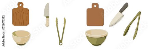 Assortment of essential kitchen tools and cooking utensils including cutting boards, chef knives, mixing bowls, and serving tongs