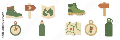 Essential outdoor adventure and hiking equipment collection featuring boots, compass, maps, water bottles, and signpost