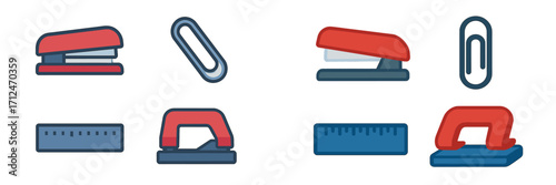 Collection of office stationery tools including staplers, paper clips, rulers, and hole punchers for business and education