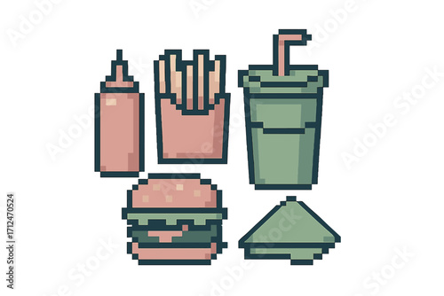 Pixel art fast food set with hamburger, french fries, soda drink, ketchup, and sandwich in retro style