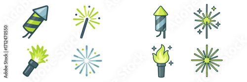 Assortment of colorful festive pyrotechnic elements including rockets, sparklers, and flares for celebration designs and holiday decorations