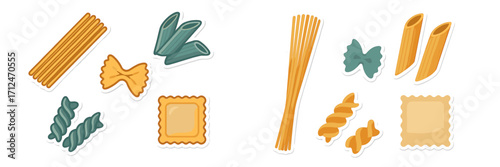 Assortment of various Italian pasta shapes including spaghetti, penne, farfalle, fusilli, and ravioli, ready for cooking