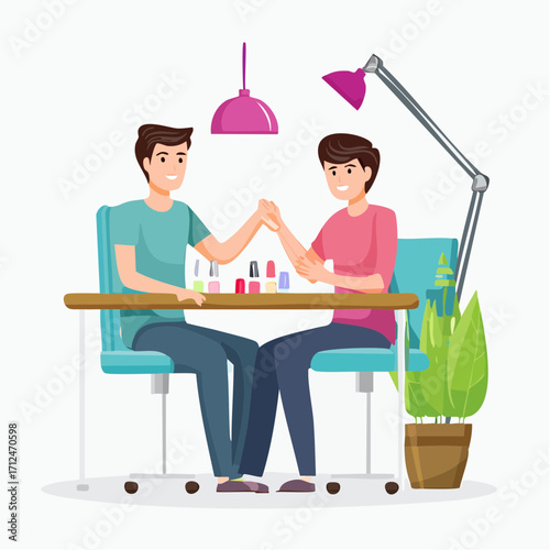 Male Nail Technician Giving a Manicure to a Male Client in a Modern Salon, Flat Vector Illustration lgbtq