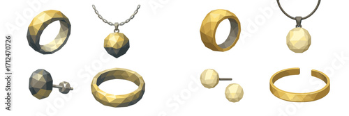 Collection of modern faceted gold and silver jewelry pieces featuring geometric low poly design on a clean white background