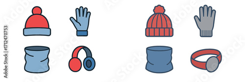 Winter season clothing and accessories for cold weather protection including hats, gloves, neck gaiters, and earmuffs