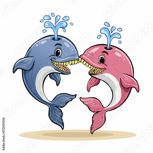 Two cartoon dolphins playfully interacting, leaping in the air, with water spraying from their mouths.