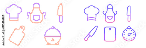 Set of essential kitchen and cooking utensils including chef hat apron knife cutting board pot and timer icons