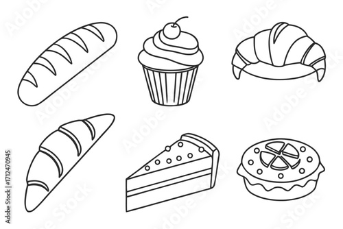 Hand drawn vector illustration set of sweet cakes, pastries, and delicious bakery items