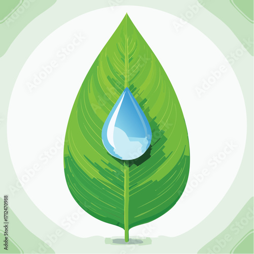 A single water droplet rests on a vibrant green leaf, symbolizing nature's hydration and environmental care.
