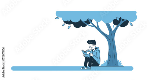 Boy Enjoying Tranquility Under A Tree Reading, A Comfortable Reading Moment Outdoors