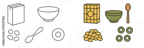 Breakfast cereal box, bowl, spoon, and flakes with rings, outline and color versions of morning food