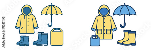 Outdoor wet weather essentials featuring raincoats, umbrellas, rubber boots, and waterproof dry bags