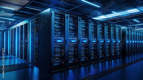 Modern data center with glowing blue server racks and advanced network infrastructure, perfect for illustrating cloud computing, cybersecurity, IT operations, and digital technology solutions