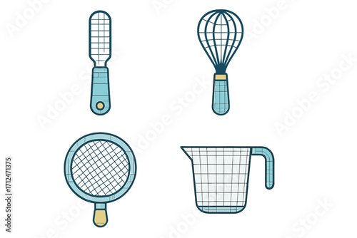 Collection of essential kitchen tools for cooking and baking preparation, including whisk, grater, sieve, and measuring cup for culinary tasks
