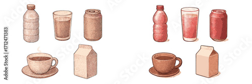 Diverse selection of daily drinks including coffee, juice, and milk in bottles, cans, glasses, and cartons