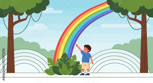 Child Pointing At A Vibrant Rainbow Arc Over Verdant Green Forest And Open Sky