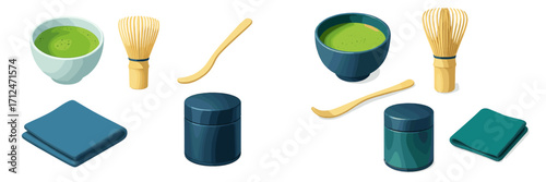 Traditional Japanese matcha tea ceremony set with bamboo whisk, tea bowl, scoop, and caddy for preparing green tea