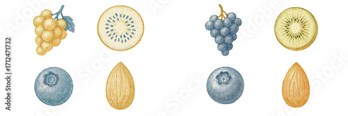 A vibrant and nutritious selection of fresh fruit and nuts, including juicy grapes, sliced kiwi, ripe blueberries, and crunchy almonds, arranged for a healthy snack
