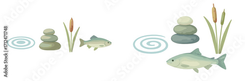 Calm aquatic scene with balanced river stones, freshwater fish, and tall cattail plants near gentle water ripples