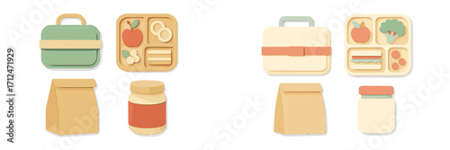 Assortment of healthy school lunch items and food containers for daily meals, including lunchboxes, paper bags, and jars