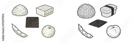 Traditional Japanese food ingredients and dishes: rice, tofu, nori, edamame, apple in hand-drawn sketch style