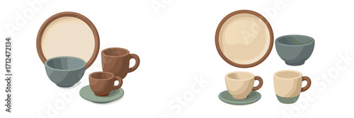 Assortment of minimalist ceramic dinnerware and kitchenware in natural earthy tones with plates, bowls, cups, and mugs for home decor