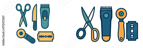 Essential barber shop tools and personal grooming equipment for hair cutting, trimming, and shaving services
