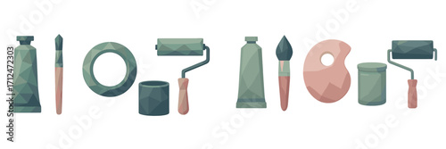 Assortment of painting tools and art supplies including brushes, rollers, paint tubes, and palette for creative work