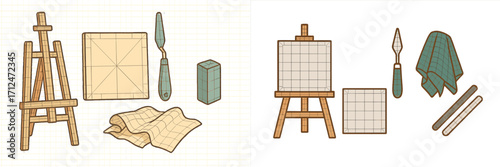 Collection of essential art studio supplies including wooden easel, blank canvases, palette knife, and painting accessories