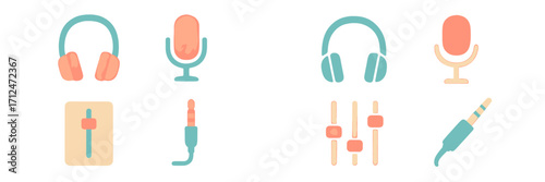 Watercolor style audio equipment icons set featuring headphones microphones sound mixer faders and audio jack for various media projects