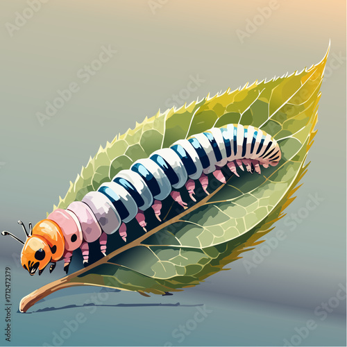 A colorful caterpillar rests on a vibrant green leaf, showcasing intricate details.