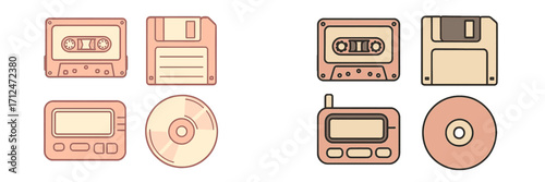 Collection of vintage data storage and communication devices featuring cassette tapes, floppy disks, compact discs, and a classic pager