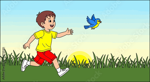 Child Pursues Bird, Joyful Moment Captured, Sunset Backdrop, Playful Interaction, Illustration
