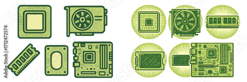 Collection of essential computer hardware components including CPU, GPU, RAM, and motherboard in a stylized green design