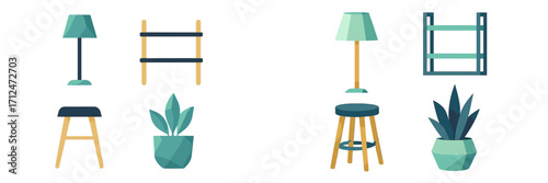 Modern home furniture and decorative items collection featuring lamps, stools, shelves, and potted plants
