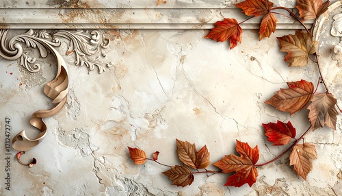 Ornate stone background with autumn leaves