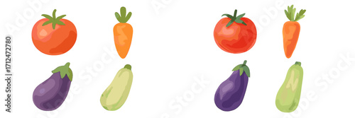 Collection of fresh garden vegetables including ripe red tomatoes, vibrant orange carrots, glossy purple eggplants, and light green zucchini