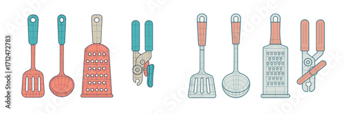 Collection of modern kitchen implements including spatulas, ladles, graters, and can openers for cooking and food preparation