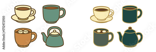 Collection of hot beverage containers including coffee cups, mugs with marshmallows, and teapots for warm drinks