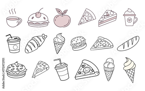 A cartoon food icon set with sweet treats like cake and chocolate, and other delicious food items like burgers and pizza
