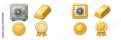 Set of financial security and wealth icons including safes, gold bars, gold coins, and award rosettes