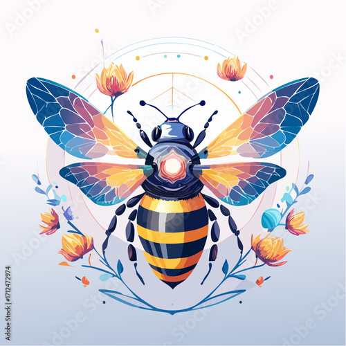 Stylized bee illustration with colorful wings and floral accents.