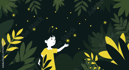 Child Reaching For Glowing Fireflies In Enchanting, Lush, Botanical Garden at Night